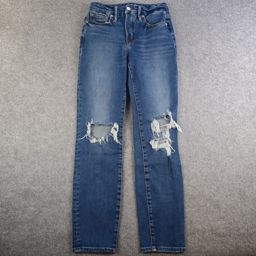 Good American Jeans Women's 0/25 Straight Leg Blue Distressed Mid Rise Stretch